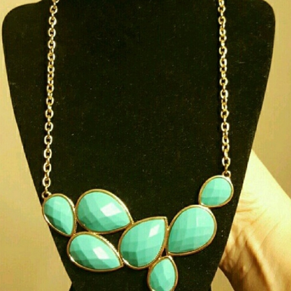 Statement Necklace Blue Green and Gold Tone